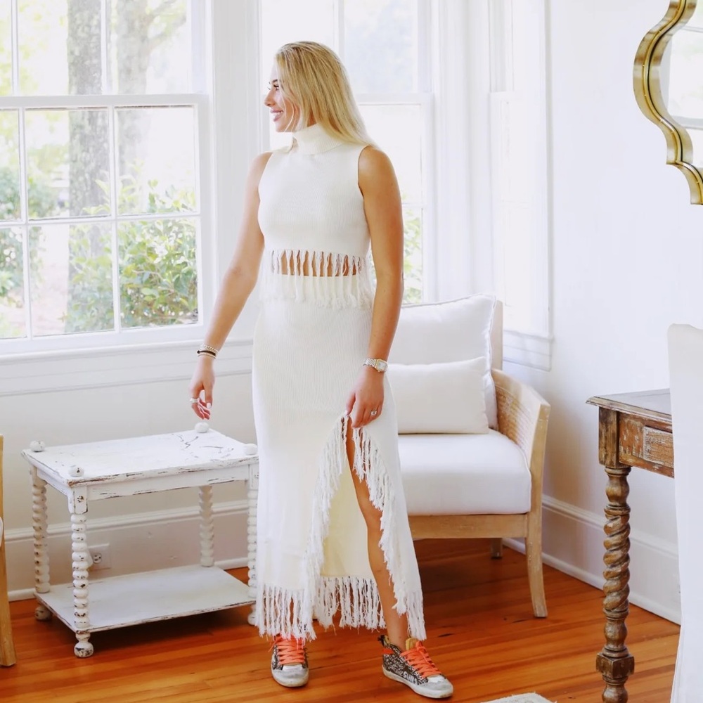 Cream Fringe Knit Two-Piece Set